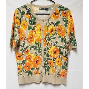 7th Avenue Womens Short Sleeve Tan Floral Colorful Open Front Cardigan XL NWOT